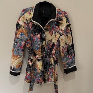 7 For All Mankind Black Multicolor Floral Quilted Belted Jacket
